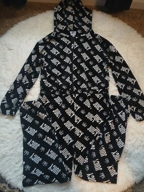 Juicy Couture Black and White Logo All-Over Print Hoodie Jumpsuit